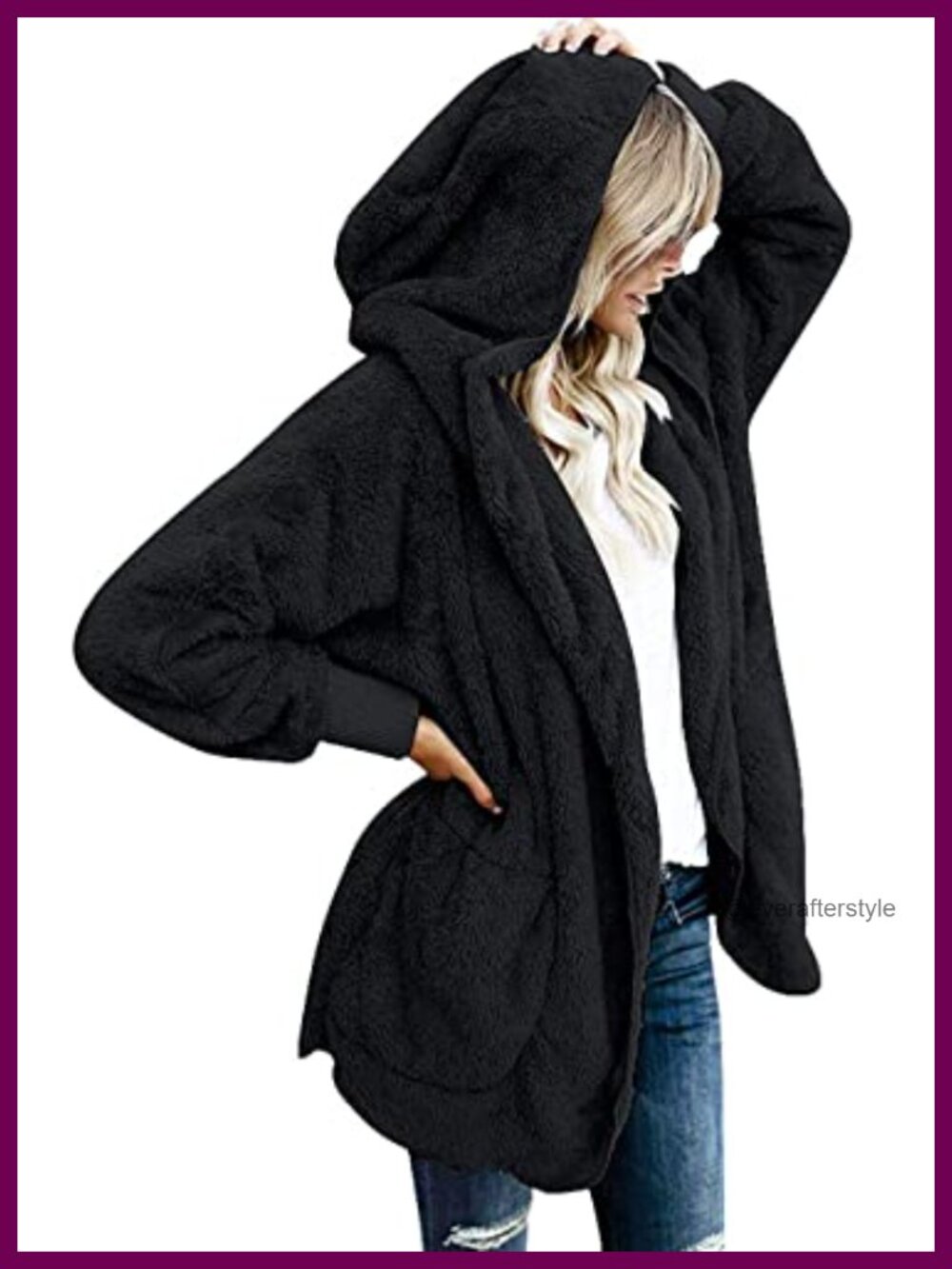 Sherpa Fuzzy Hooded Cardigan Open Front Coat with Pockets